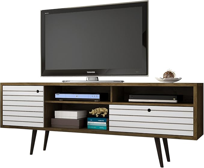 Manhattan Comfort Liberty Mid Century Modern TV Stand for Televisions up to 65 Inches, Bedroom and Living Room Entertainment Center with Storage, Shelves, and Cabinet, 71" Wide, Rustic Brown/White