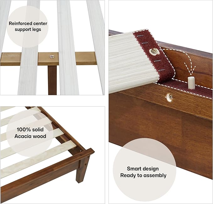 Acacia Kaylin Bed Frame with Headboard Solid Wood Platform Bed, King Bed Frame, Themed Headboard Wood Bed Compatible with All Mattress Types, No Box Spring Needed, Quick & Easy Assembly, Caramel.