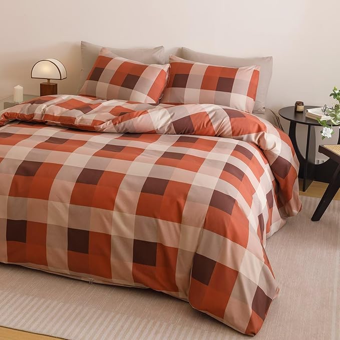 Luxlovery Checkered Red Comforter Set Cal King Gingham Bedding Set Women's Bedding Grid Bedding Set Fluffy Soft Cottagecore Khaki and Brick Red Blanket Quilts with 2 Pillowcases California King Bed