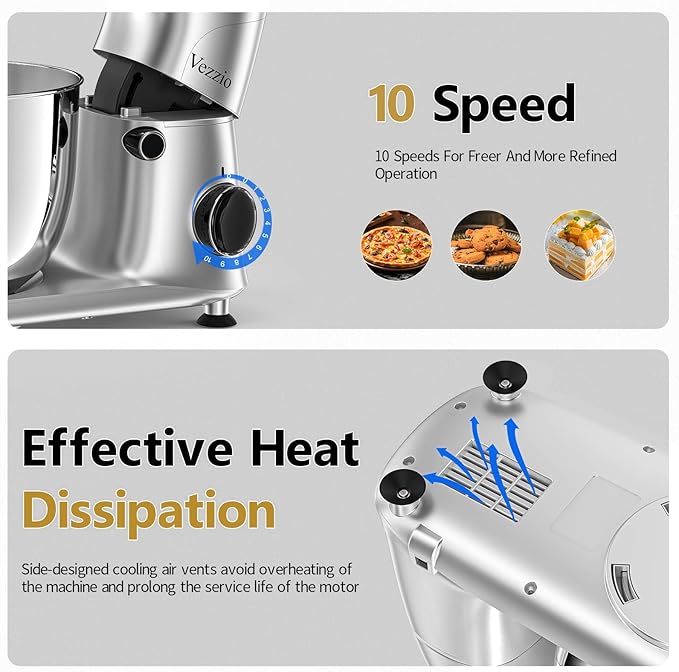 Vezzio Stand Mixer,6 Quarts,10-Speed Tilt-Head,Kitchen Food Mixer with Stainless Steel Bowl,Dough Hook,Whisk, Beater,Egg White Separator (Silver)