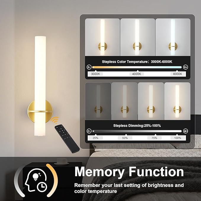Gold Battery Operated Sconce Set of 2, Rechargeable Wireless Wall Lights with Remote Control,Dimmable,3000K-6000K,360° Rotation, Cordless Lighting for Living Room,Bedroom,Hallway,18 Inch