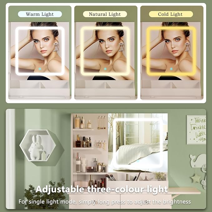 Vanity Desk with Mirror and Lights, Glass Top & Power Outlet | Makeup Vanity Set with Chair | Small Dressing Table with 2 Drawers and Cabinet Storage for Bedroom(White)