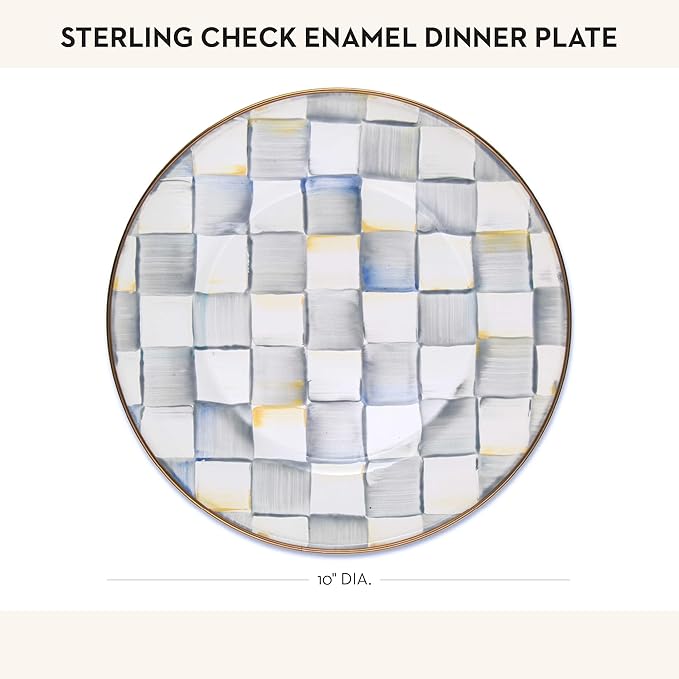 MACKENZIE-CHILDS Enamel Dinner Plate, Decorative Dinnerware Plate, 10 Inches, Set of 1, Gray-and-White Sterling Check