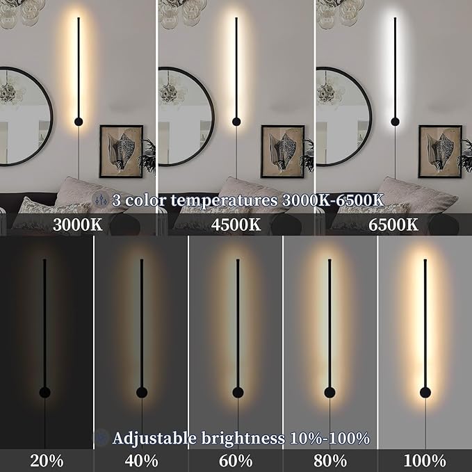 Dimmable Plug in Wall Sconce Set of 2, Black 23.6" LED Wall Light with Remote, Adjustable Color Temperature Brightness Wall lamp with Timer for Living Room,Bedroom and Accent Lighting