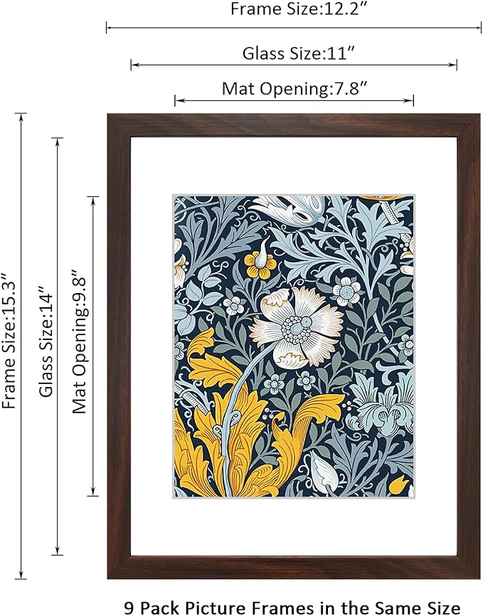 11x14 Picture Frame Set of 9 for Pictures 8x10 with Mat or 11x14 Without Mat, Wall or Tabletop Gallery Photo Frames Walnut