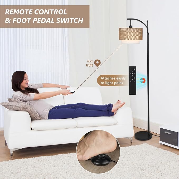 Arc Floor Lamp for Living Room with 3 Color Temperatures, Farmhouse Floor Lamps with Remote & Dimmable Bulb, Boho Standing Lamp with Rattan & Fabric Shades, Adjustable Tall Lamp for Bedroom, Office