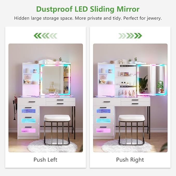 HENBC Vanity Desk with Sliding Mirror and Glass Desktop, LED Vanitys Mirror with RGB Lights Desk and Chair, Dressers Table Set with Charging Station/Makeup Organizer/6 Drawers for Bedroom(White)