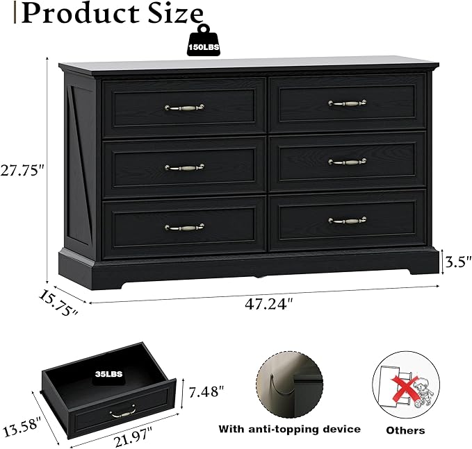Farmhouse 6 Drawers Dresser for Bedroom, 48" Wide Modern Chest of Drawers with Deep Drawers & Bar Handles, Rustic Wood Dresser TV Stand, Wooden Closet Storage Organizer for Living Room, Hallway, Black