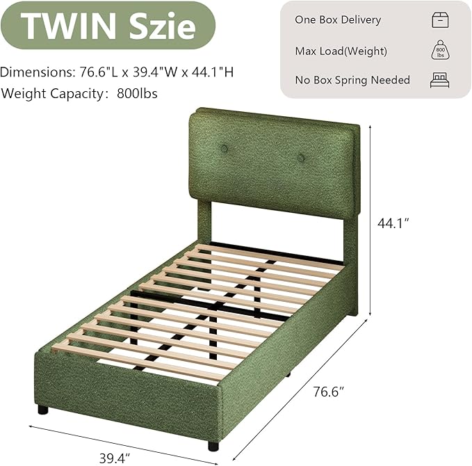 Twin Bed Frames,Breathable Boucle Fabric Upholstered Bed Frame Twin with Headboard,Removable and Washable,Wood Slat Support,No Box Spring Needed,Easy Assembly,Cama Individual,Green