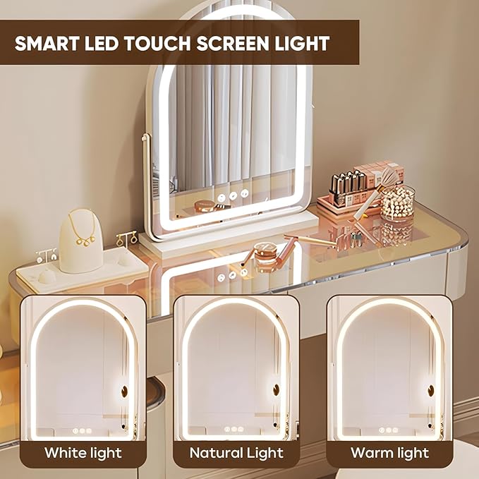 Vanity Set - Solid Wood Vanities Desk with LED Smart Mirror and Drawers, Modern Vanity Table with Glass Countertop and Makeup Stool, Vanities for Bedroom, Gifts for Her (White)