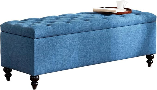 HUIMO Button-Tufted Ottoman with Storage in Upholstered Fabrics, Large Storage Bench for Bedroom, Living Room, Entryway, Bench with Safety Hinge Hold Up to 300lbs (Blue)