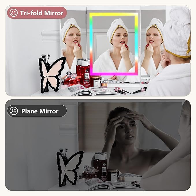 Vanity Desk with Tri-Fold Mirror and Lights, LED Makeup Vanity with 2 Drawers, 2 Doors Storage, Gifts for Girls/Women (White)