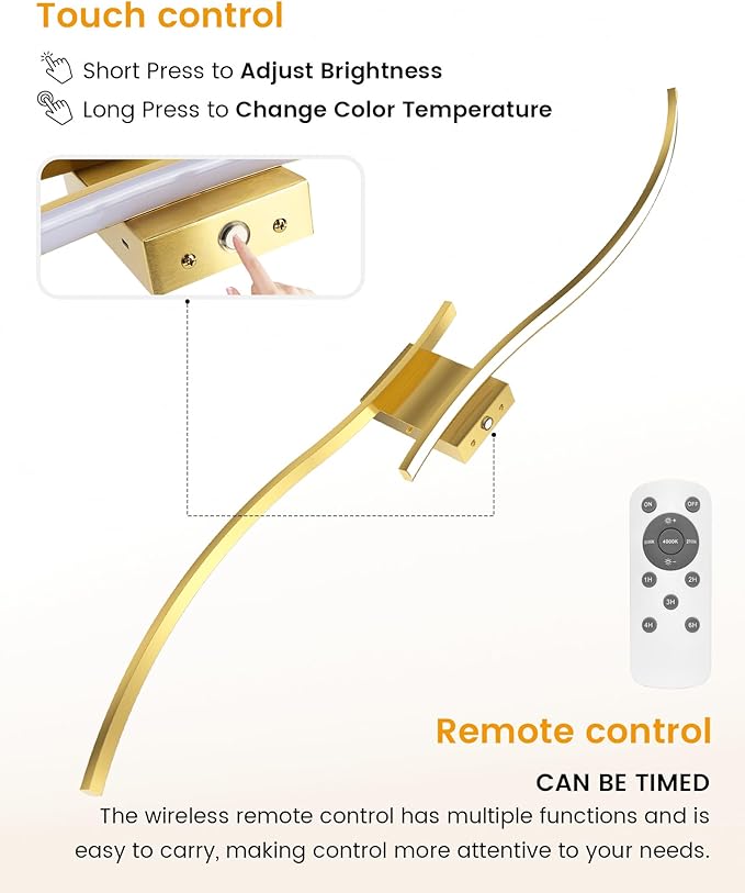 NIORSUN 39.4 Inch Battery Operated Wall Sconce Set of 2, Gold Modern Rechargeable Wall Lights with Remote, 3CCT Dimmable Wireless Wall Lamp for Living Room Bedroom Hallway