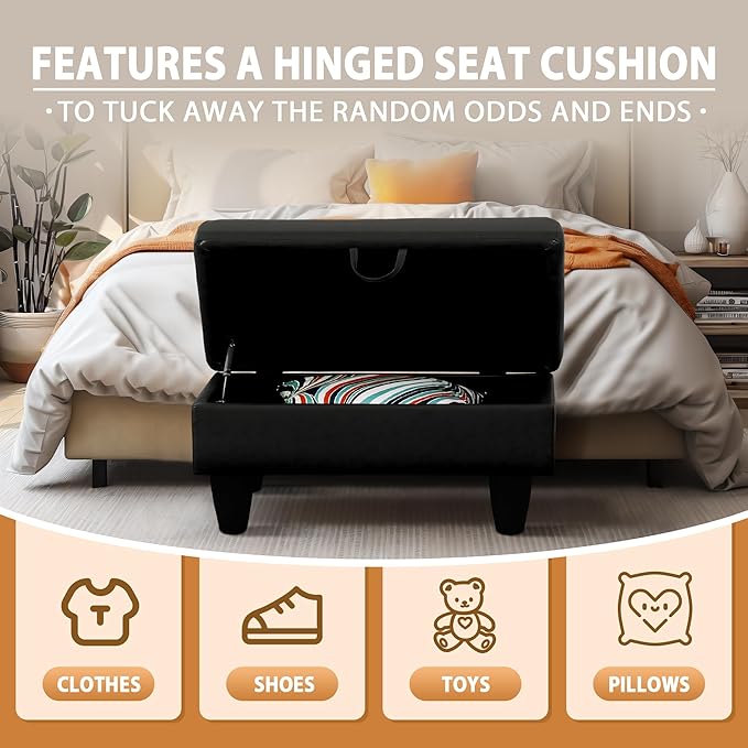 Ottoman Rectangular Storage Ottoman Bench, Faux Leather Footrest, Coffee Table, Stool Footstool with Hinged Lid for Living Room, Bedroom, Entryway, Black, 28.5"x19"x17.5"