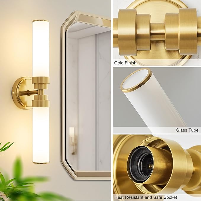 Bathroom Light Fixtures, Gold Wall Sconce with Milk Glass Shade, Modern Vanity Light Up and Down Sconces Wall Lighting - Bulb Not Included