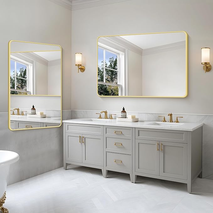 36"x48" Bathroom Mirror, Gold Rectangle Mirror, Large Rectangular Wall Mirror, Rounded Corner Vanity Mirror with Aluminum Metal Frame for Bathroom Bedroom Living Room Horizontal/Vertical