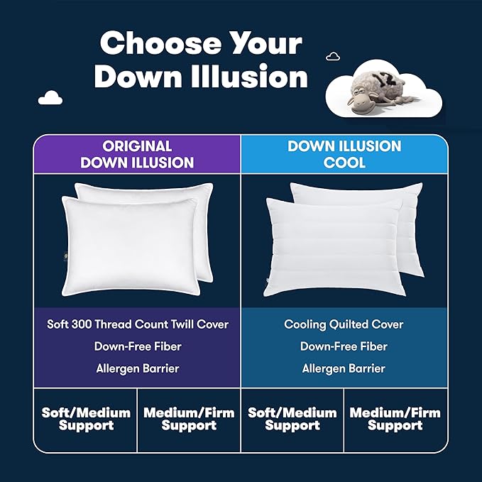 Serta Down Illusion Quilted Hypoallergenic Medium/Firm Bed Pillows for Side, Stomach or Back Sleepers (2 Pack), Queen, White Cooling