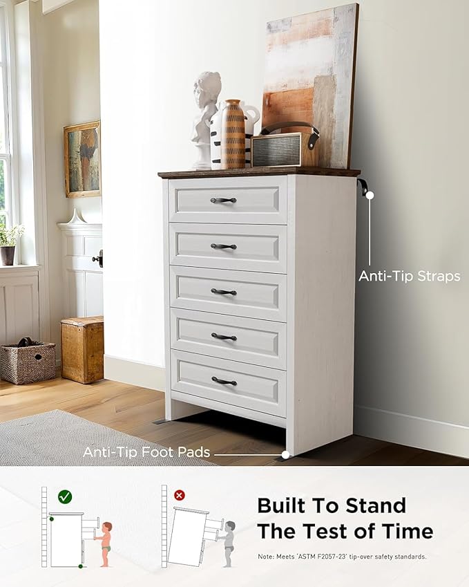 Pipishell White 5 Drawers Dresser Chests for Bedroom, 42.7 Inch Tall Wooden Dresser, Farmhouse Storgae Organizer with Large Drawers & Bar Handles for Bedroom, Entryway, Hallway, Brown & White