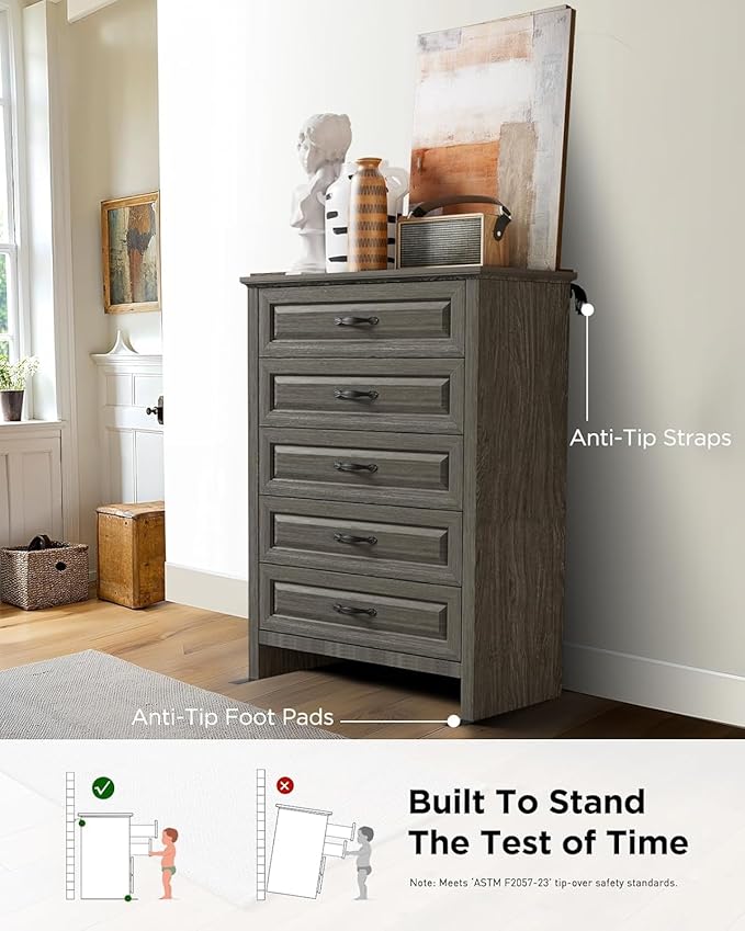 Pipishell Grey 5 Drawers Dresser Chests for Bedroom, 42.7 Inch Tall Wooden Dresser, Farmhouse Storgae Organizer with Large Drawers & Bar Handles for Bedroom, Entryway, Hallway, Grey
