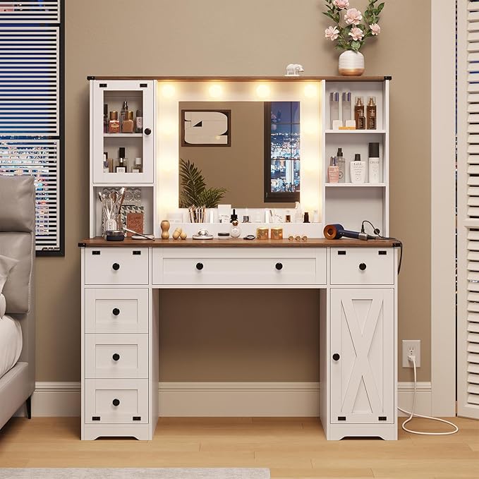 DICTAC Farmhouse Makeup Vanity Desk with Mirror and Lights, Large Vanity Table with Charging Station, 43'' Bedroom Dressing Table with 6 Drawers & 2 Cabinets, 3 Color Lighting Modes, White