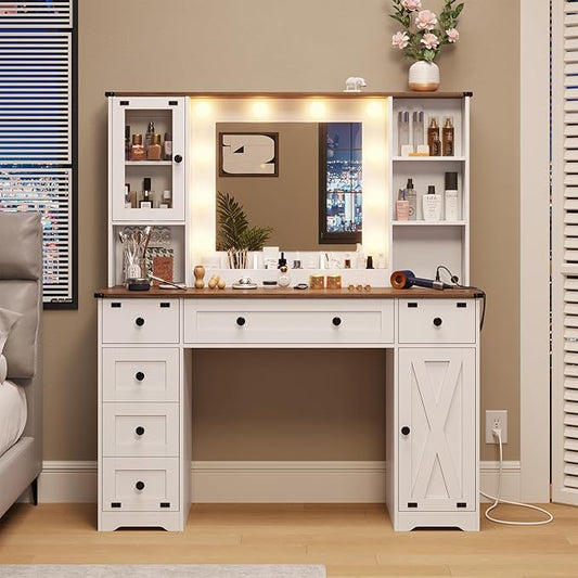 DICTAC Farmhouse Makeup Vanity Desk with Mirror and Lights, Large Vanity Table with Charging Station, 43'' Bedroom Dressing Table with 6 Drawers & 2 Cabinets, 3 Color Lighting Modes, White
