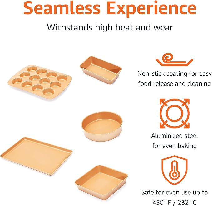 Amazon Basics Ceramic Nonstick Baking Sheets and Pans Bakeware Set, Non-Toxic, 5-Piece Set- Copper Color