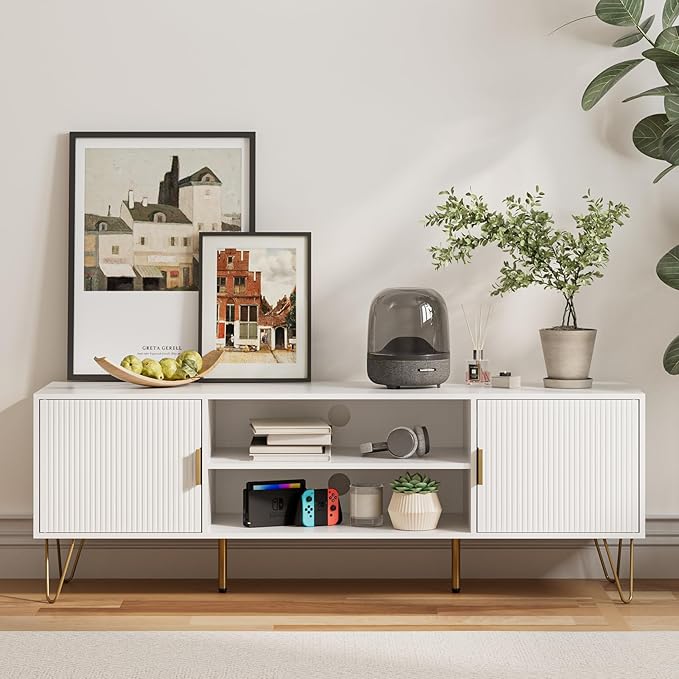 TV Stand for 55 65-inch TV, Entertainment Center with Soft Hinge Door,TV Console Table with 2 Cabinets with Gold Handle and Feet,for Living Room, Bedroom, White