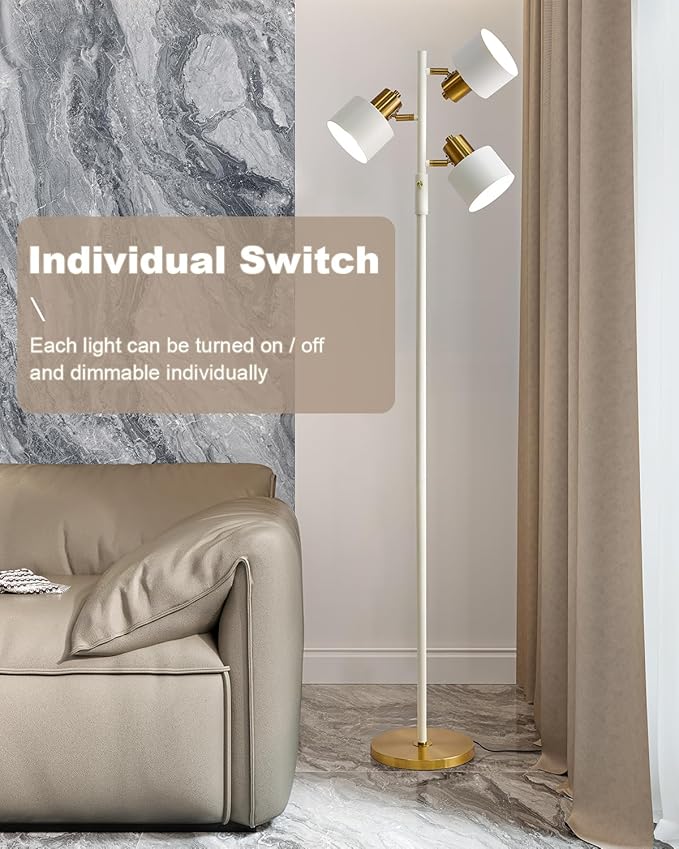 OYEARS Floor Lamp for Living Room Bright Lighting Tall Modern Industrial Vintage Standing Corner Lamps LED Metal Light Office Bedroom Study Gold Black Cream Matte Accent (3-Light, Cream)