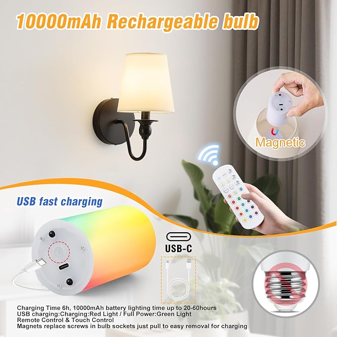 Battery Operated Wall Sconce Set of 2,Rechargeable Wall Sconce with 10000mAh Dimmable Bulb and Remote,LED 15 Colors Black Wireless Battery Powered Wall Lamp with Fabric for Bedroom Living Room