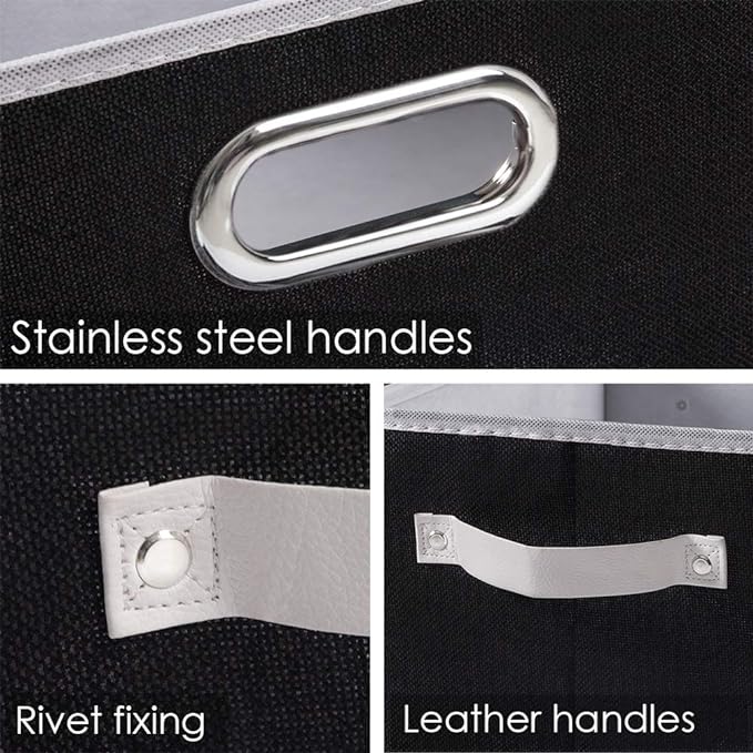 PRANDOM Larger Collapsible Storage Bins for Closet [5-Pack] Decorative Linen Fabric Storage Baskets Cubes with Leather/Metal Handles for Living Room Black (17.3x12.2x10.4 Inch)