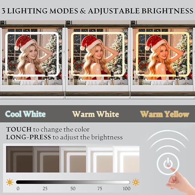 Vanity Desk with HD Lighted Mirror & Power Outlet, Farmhouse Makeup Vanity Table Set with Storage Drawers & RGB Cabinets, Large Dressing Table with 3 Lighting Modes for Women Girls Kids Bedroom, White