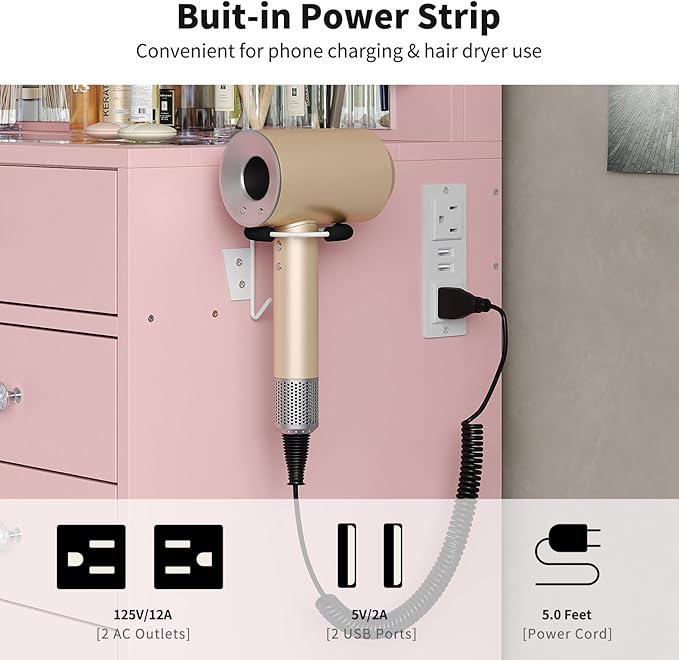 13 Drawers Vanity Desk, 47''W Makeup Vanity with Power Outlet, Vanity Table with Mirror and 12 LED Bulbs, 3 Color Lighting Modes, Glass Top, Dressing Table for Bedroom (Pink)