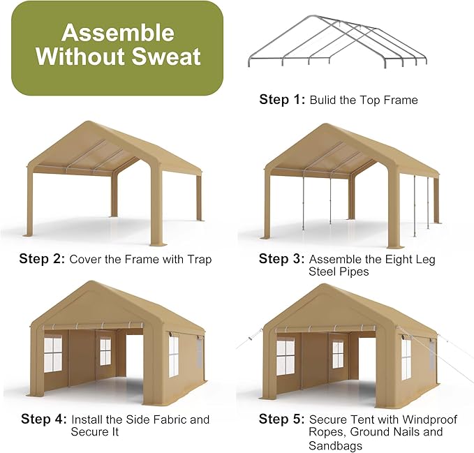 Heavy Duty Carport, Portable Garage with 4 Doors & 4 Window，Upgraded Carport with Reinforced Steel Poles, Uv Resistant All-Season Waterproof Tarp, for Car, Truck, Boat