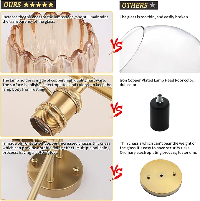 Bathroom Light Fixtures, 3-Light Brass Vanity Wall Light Over Mirror with Amber Tulip Glass Shade for Bedroom Living Room