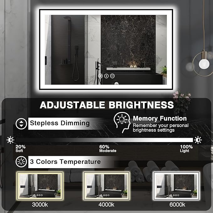 60x36 LED Mirror for Bathroom - Black Aluminum Framed (Front and Backlit),Anti-Fog Bathroom Mirror with Lights, Stepless Dimmable Lighted Mirror,3 Colors Smart Mirror(Horizontal/Vertical)