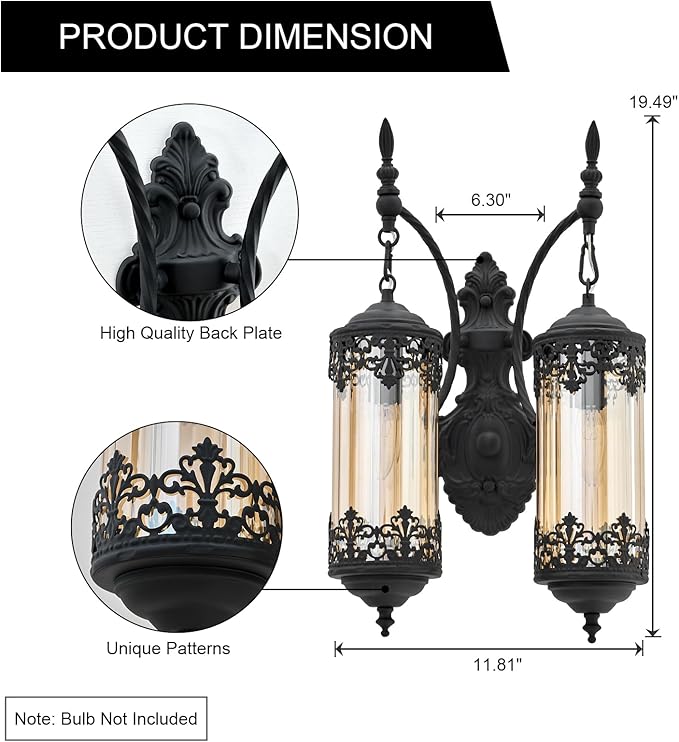 Rustic Wall Sconce with Amber Glass Vintage 2-Lights Antique Gothic Wall Light Fixture Retro Farmhouse Mid Centry Lantern Wall Sconce for Bedroom, Living Room, Mirror, Black, E12