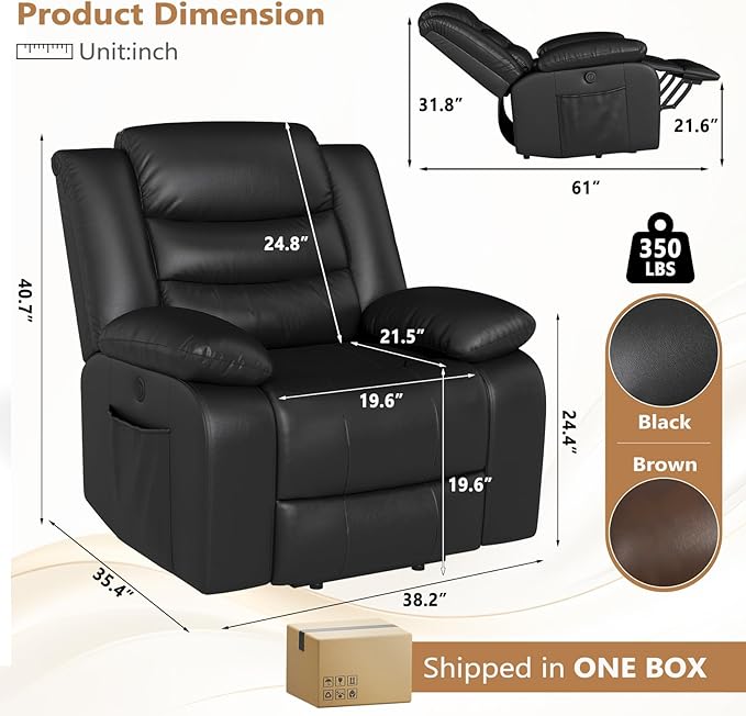 ANJ Power Lift Recliner Chair with Massage and Heat, PU Leather Overstuffed Electric Lift Chair for Elderly, Oversized Single Sofa Recliner with Side Pockets, Remote Control(Black)