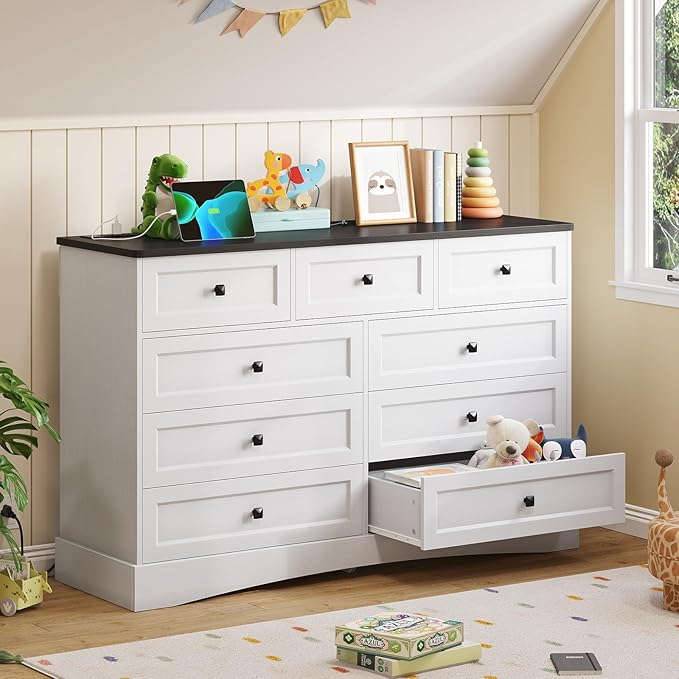 Hasuit Dresser for Bedroom with 9 Drawers, 51.2" Large Dresser with Charging Station, Wide Farmhouse Dresser Chest of Drawers, Wooden Storage Tower Organizer, Dresser for Bedroom Closet, White/Black