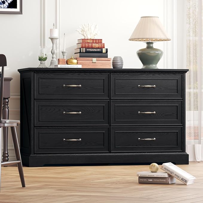 Dresser for Bedroom with 6 Drawer, Farmhouse Dresser for Closet, 47'' Wide Rustic Wooden Chest of Drawers with Natural Wood Texture, Vintage Storage Organizer for Living Room, Hallway, Black