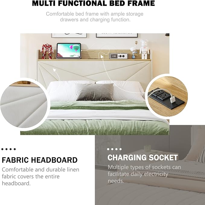 Queen Bed Frame with 3 Drawers, Upholstered Bed Frame Queen with Storage Headboard, AC USB & Type C Charge Station,Wooden Support Slats No Box Spring Needed Easy Assembly,Beige