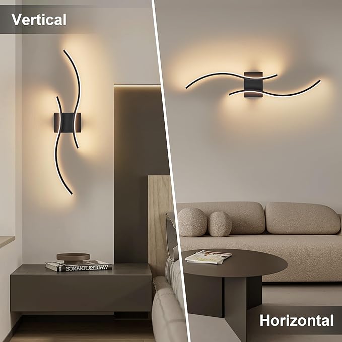 Battery Operated Wall Sconces Set of Two with Remote Control, Stepless Colors 3000K-6000K & Dimming, LED Black Wireless Wall Light for Living Room, Hallway, Bedroom, 27.5 Inch (2 Pack)