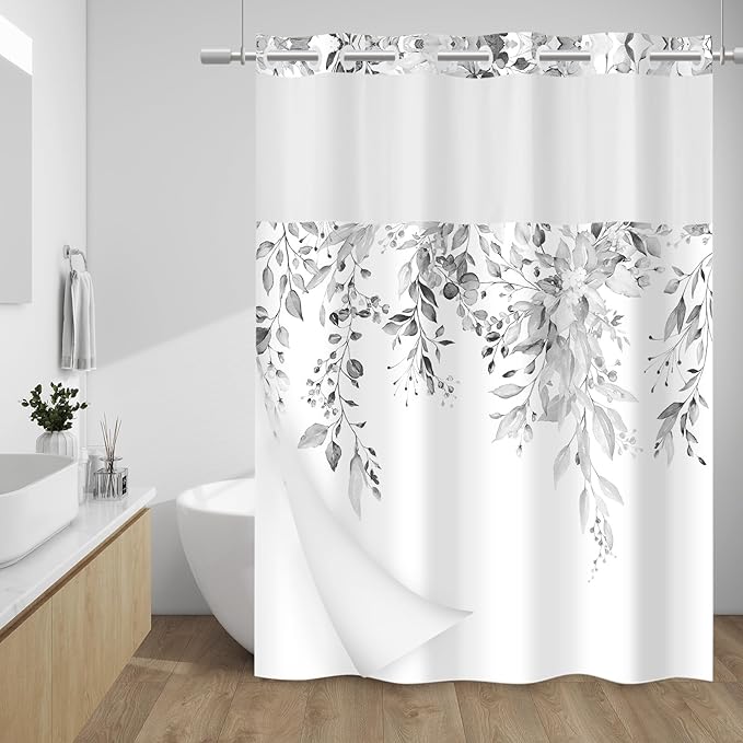 No Hook Shower Curtain with Snap in Liner - Eucalyptus Shower Curtain - Washable Waterproof Inner Liner, Plants Grey Leaves Modern Shower Curtains - Machine Washable, 71 x 86