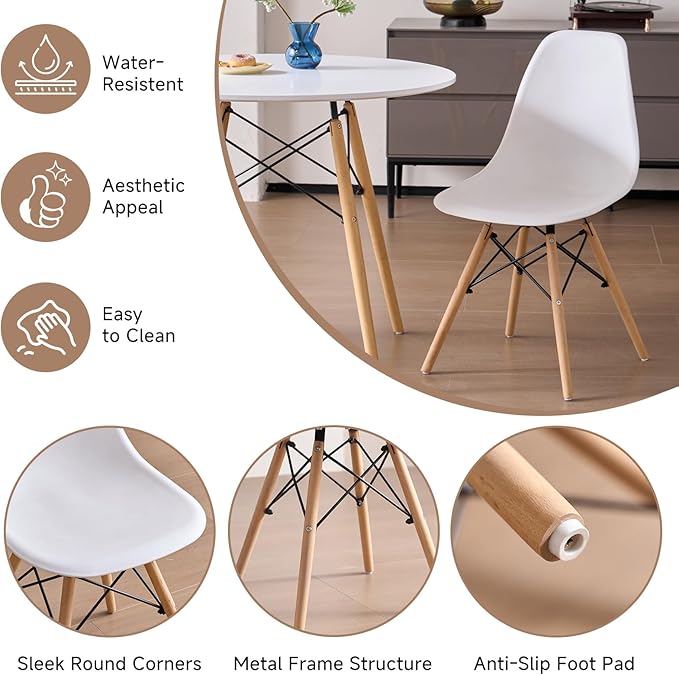 31.5'' 5 Piece Round Dining Table Set for 4, Mid-Century Modern Table with Chairs, Space Saving, Plastic Seats, Wood Legs, Circle Dinner Table for Kitchen, Home, Apartment, White