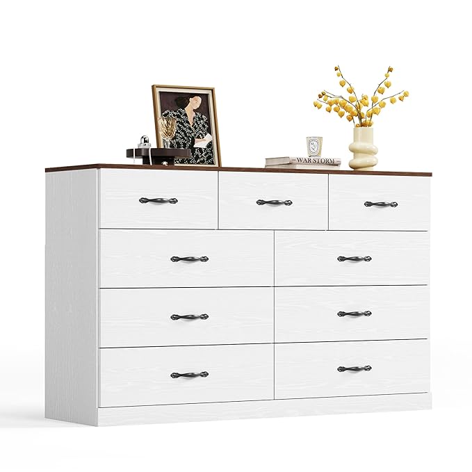 LINSY HOME 9 Drawer Dresser for Bedroom, 54" Wide Chest of Drawers, Modern TV Stand Dressers with Wood Frame and Metal Handles, Large Drawer Organizer for Bedroom, Living Room, White
