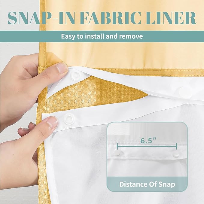 Gold No Hook Waffle Weave Shower Curtain with snap-in Liner Replacement, 230GSM Waterproof Fabric Hotel Shower Curtain Set for Bathroom, Through Mesh Top Window,71Wx74H