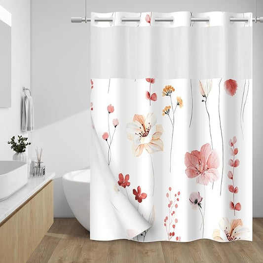 No Hook Shower Curtain with Snap in Liner - Floral Shower Curtain - Fabric Waterproof Inner Liner, Plants Watercolor Coral Modern Cloth Shower Curtains - Machine Washable, 71 x 74