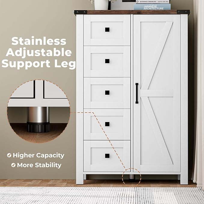 Farmhouse Dresser Storage Cabinet Chest of Drawer for Bedroom, 5 Drawer Dresser with Barn Door, 48 Inch Tall White Wood Dresser, Adjustable Shelves, Rustic, for Living Room, Entryway, Hallway