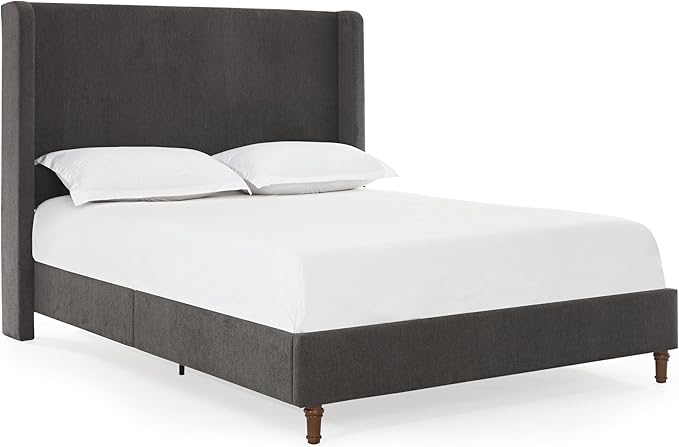 GDFStudio Tall Headboard Upholstered Bed,Queen Size Platform Bed Frame with Headboard Wingback,54" High No Box Spring Needed Easy Assembly Elegant Simplicity Dark Gray Velvet