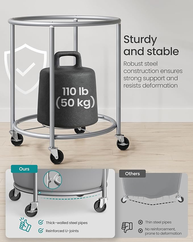 SONGMICS 50.2-Gallon (190 L) Laundry Basket with Wheels, Rolling Round Heavy-Duty Laundry Hamper Cart with Steel Frame and Removable Bag, 2 Locking Wheels, Gray and Metallic Silver URLS001G01