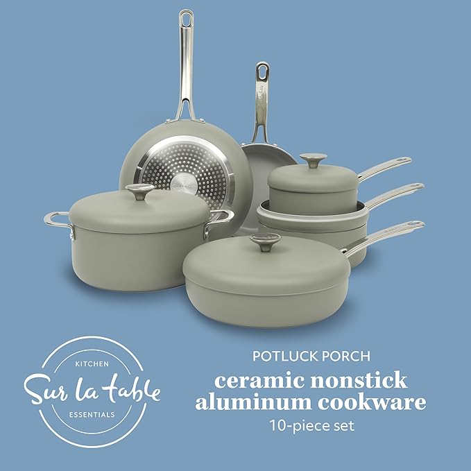 Sur La Table Kitchen Essentials Potluck Porch 10 Piece PFA Free Ceramic Non stick Interior Forged Aluminum Cookware Pots and Pans Set W/Aluminum Lids - Green - Induction Compatible